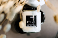 Load image into Gallery viewer, jar candle, black and white, soy wax, black lid, handmade soy wax candle, light my candle co., pumpkin spice, apple cider, fall decor
