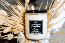 Load image into Gallery viewer, jar candle, black and white, soy wax, black lid, handmade soy wax candle, light my candle co., pumpkin spice, fall decor
